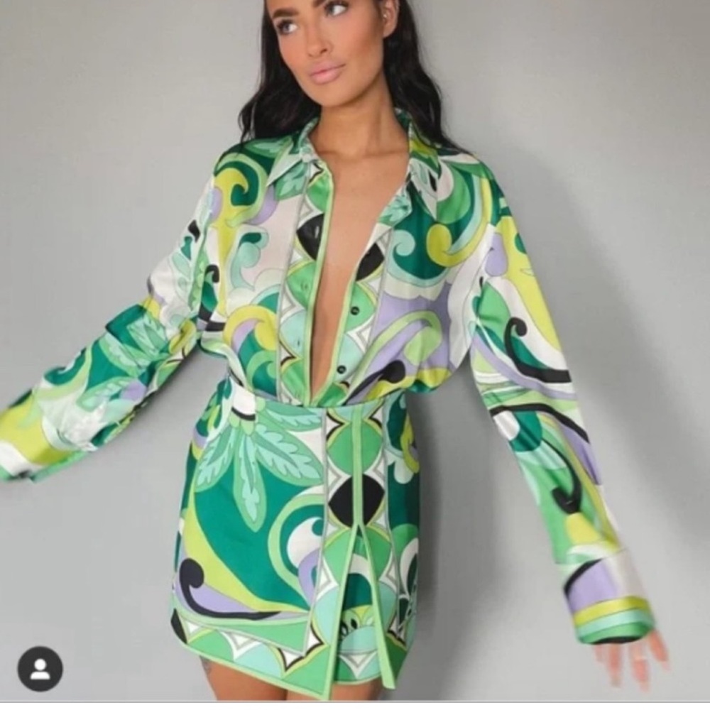 Zara Satin Printed Skirt/Button Down Set, Size L